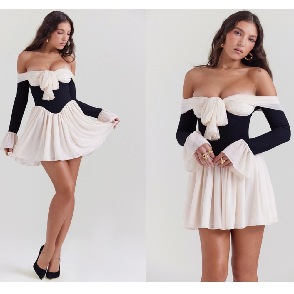 HOUSE OF CB S Fuller & Taller  'Alana' Black & Cream Off Shoulder Dress NWOT